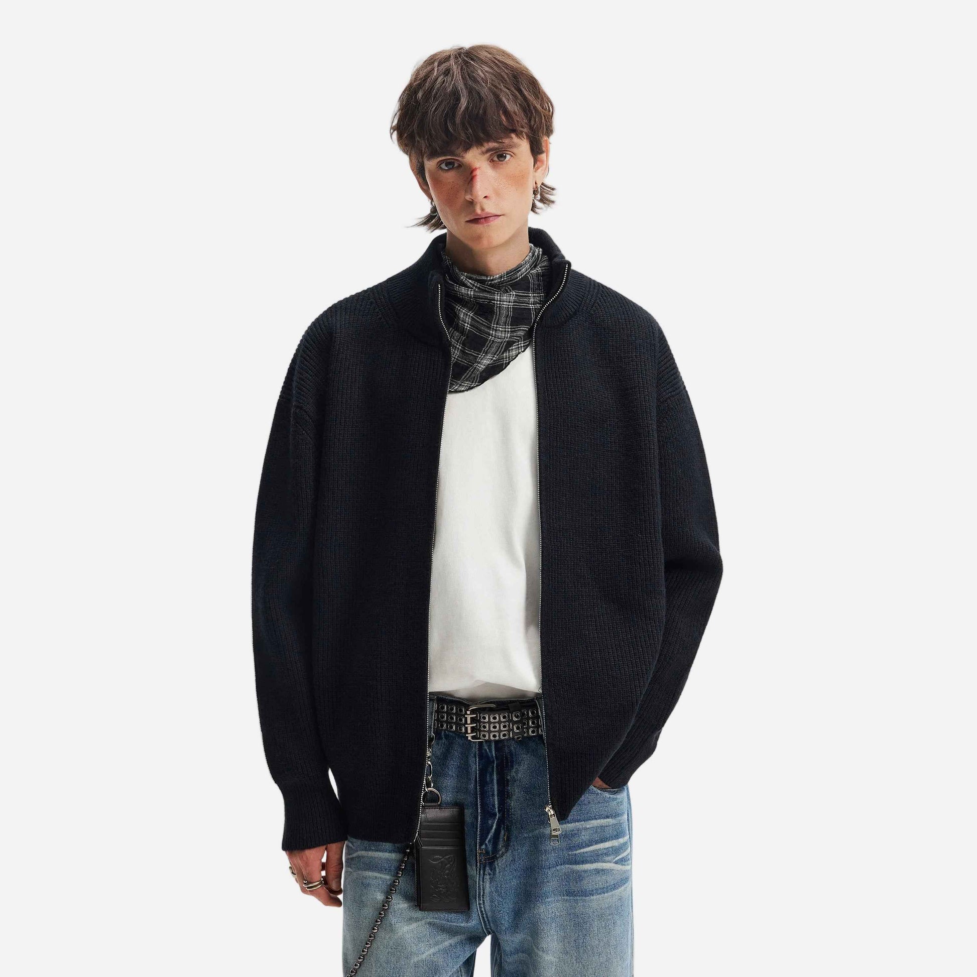 American Style Vertical Collar Double Zipper Knitwear Cardigan