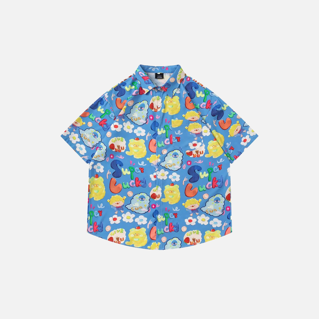Y2K Vibrant Fashionable Cartoon Graphic Button-Up Shirt - Luxuryurbanwear
