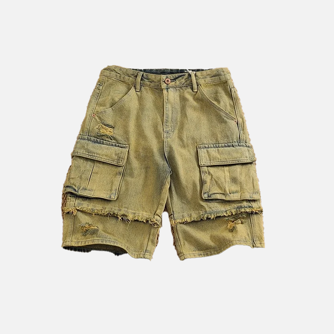 Yellow Distressed Washed Denim Cargo Short - Luxuryurbanwear