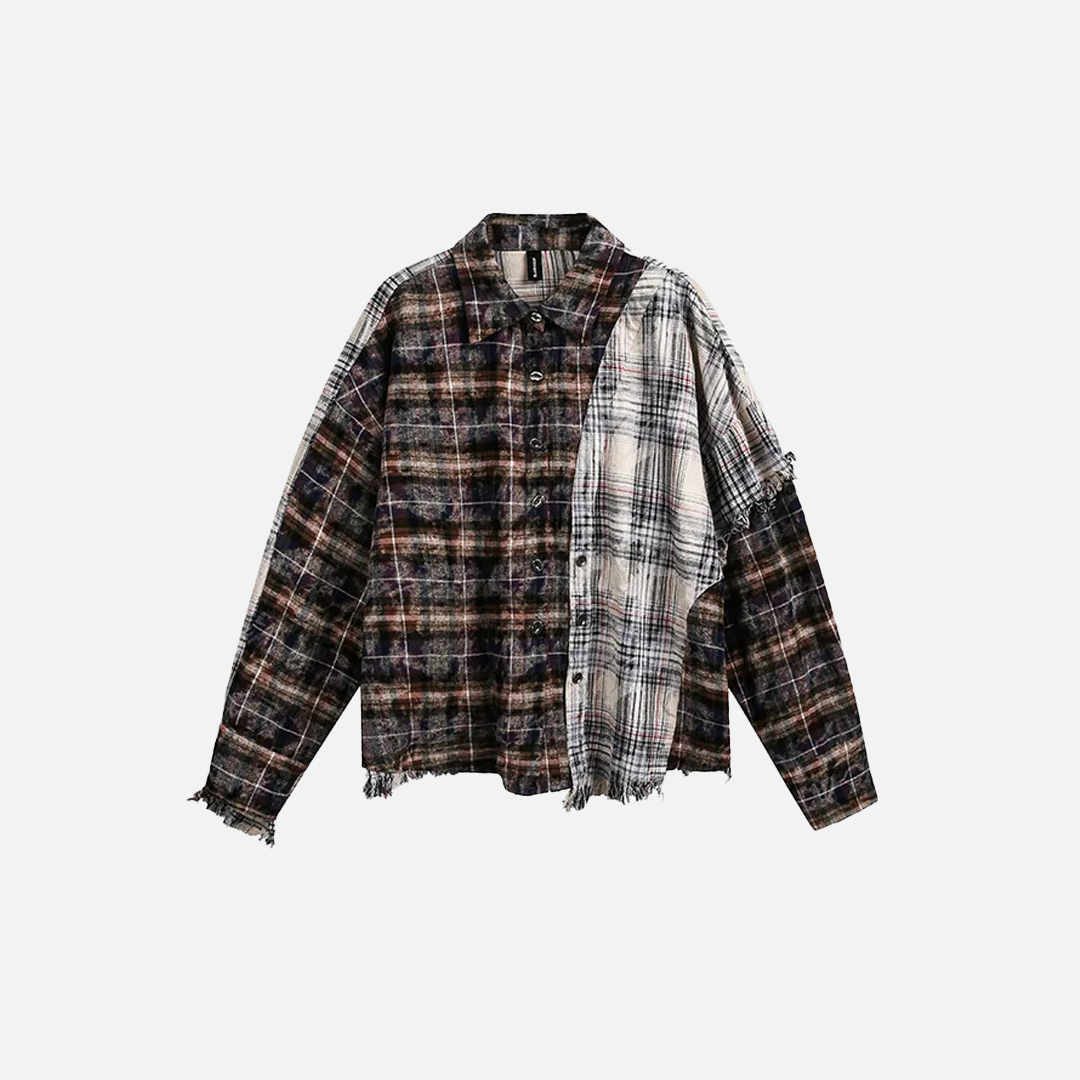 Distressed Plaid Tie Dyed Color Long Sleeve Shirt - Luxuryurbanwear