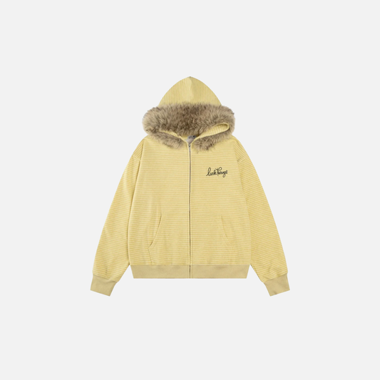 Cozy Striped Fleece Faux Fur Hooded Sweatshirt - Luxuryurbanwear