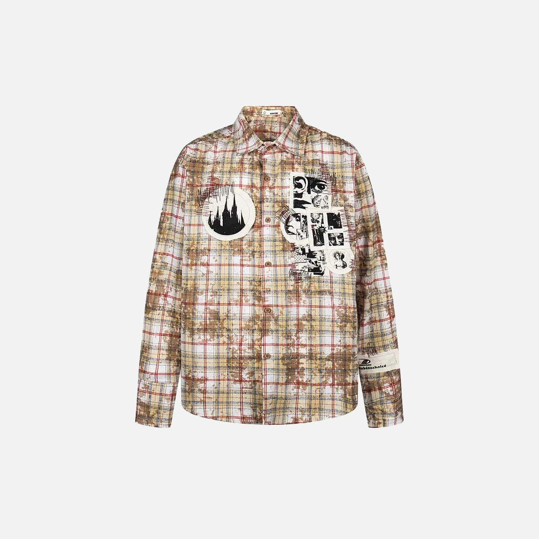 Y2K Retro Vintage Tie-Dyed Plaid Long-Sleeve Shirt - Luxuryurbanwear