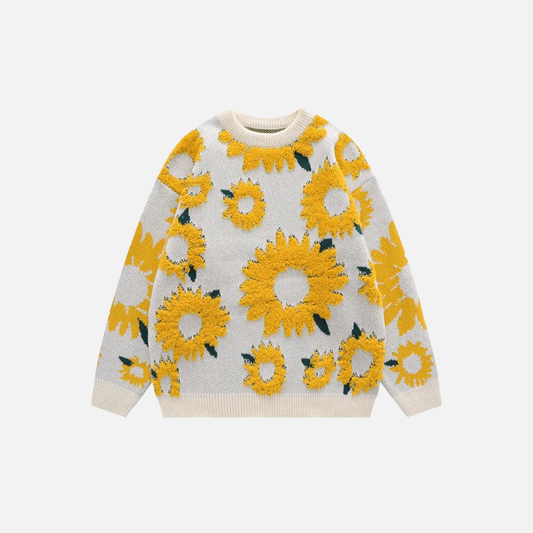 Sunflower Pattern Textured Knit Sweater - Luxuryurbanwear