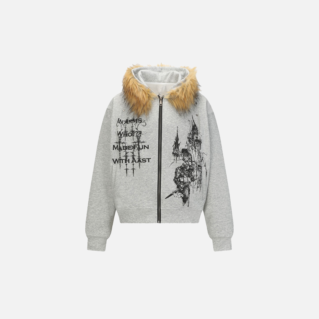 Y2K Graffiti Print Zip-Up Faux Fur Hooded Sweatshirt - Luxuryurbanwear