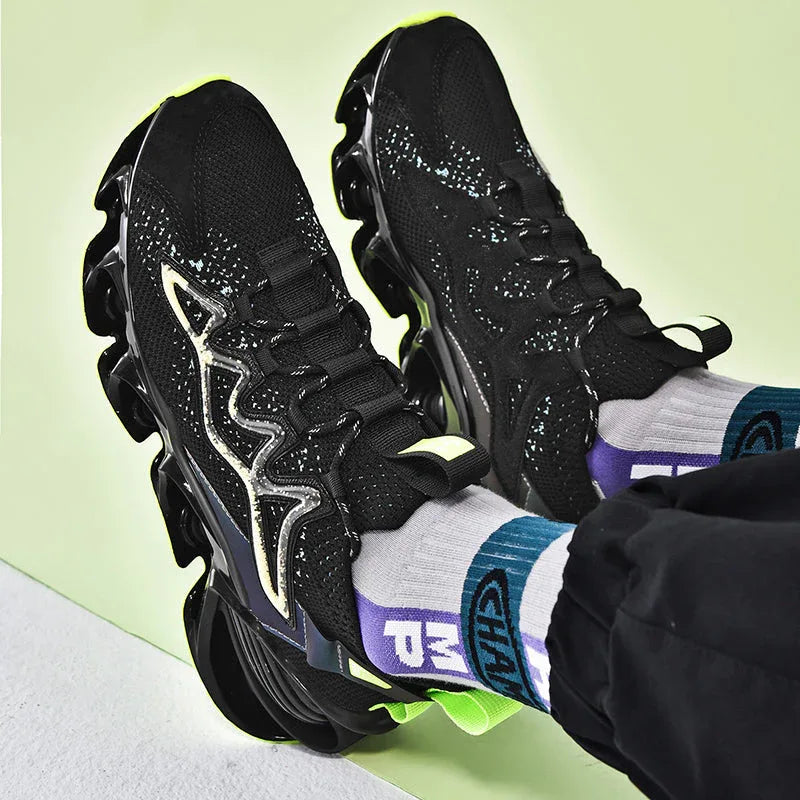 Top view of Nova Sole T84 Sneakers in black and neon green worn with CHAMP socks - LUXURYURBANWEAR lifestyle sneakers.