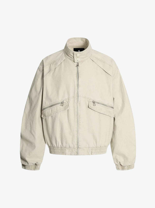 Ruched Sleeve Stand Collar Zip Jacket
