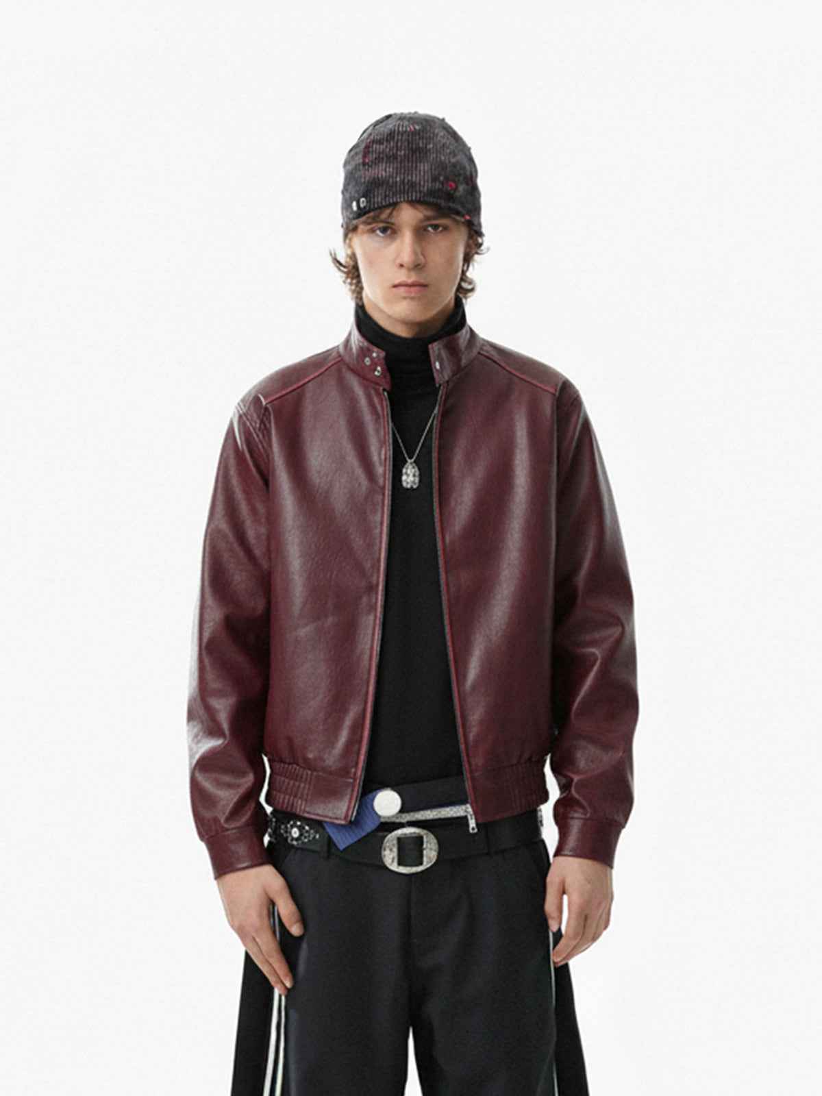 Retro Leather Stand-Collar Elastic Hem Jacket