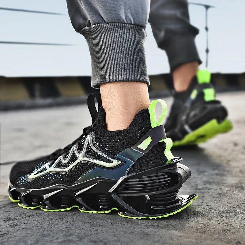 Rear angle of Nova Sole T84 Sneakers in black and neon green worn outdoors - LUXURYURBANWEAR urban fashion sneakers.