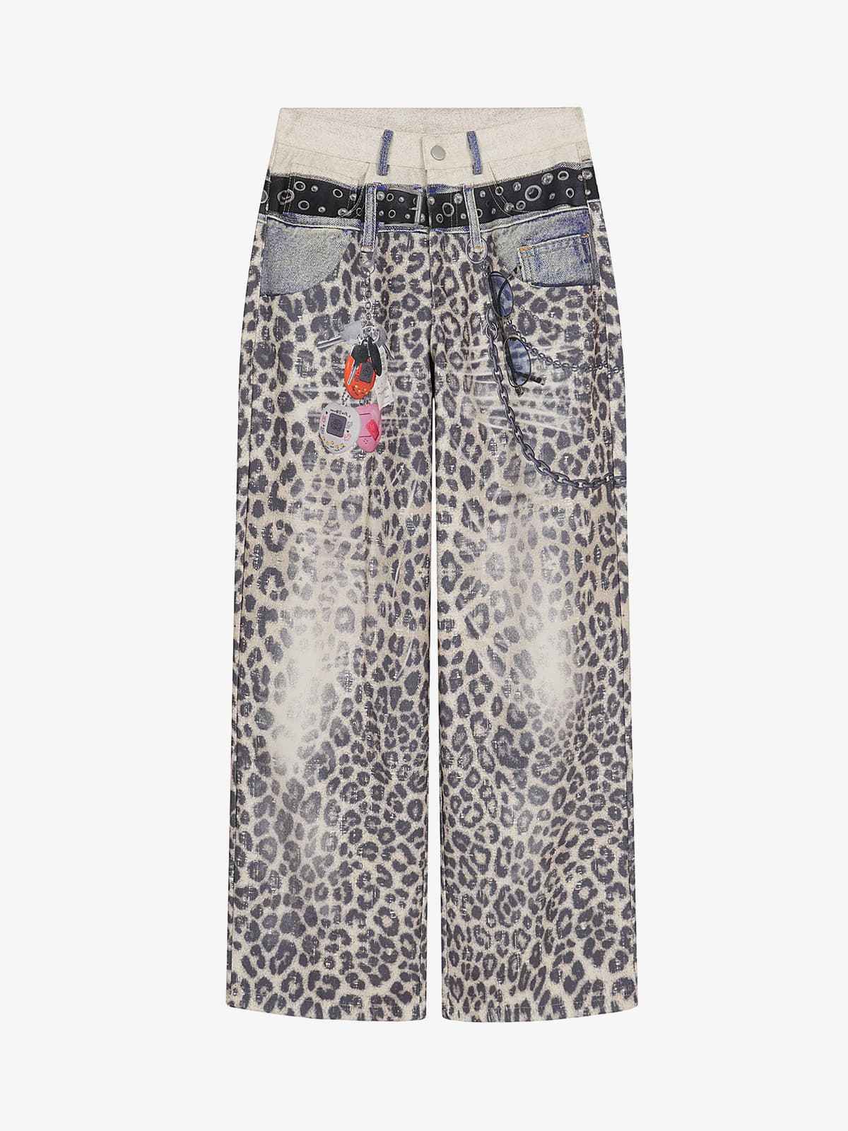 Vintage Leopard 3D Print Double Waistband Washed Jeans