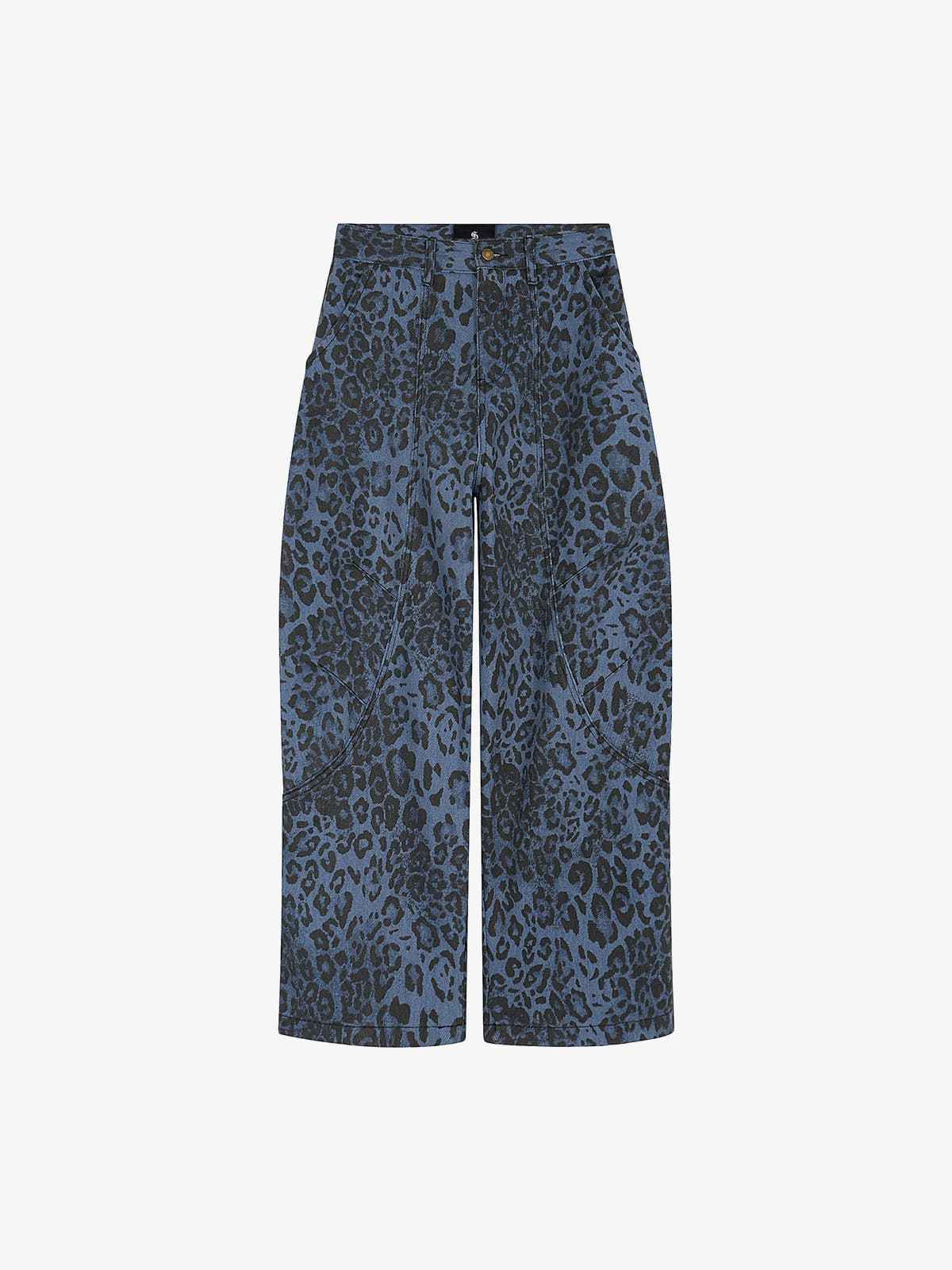 Retro Leopard Print Blue Washed Distressed Jeans