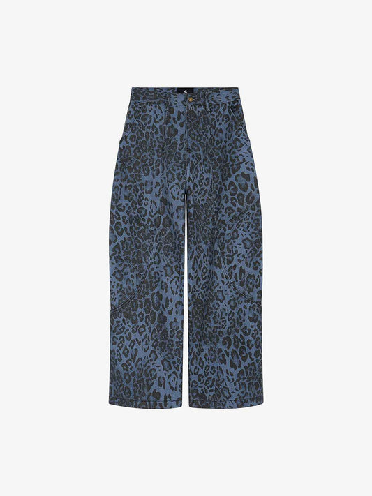 Retro Leopard Print Blue Washed Distressed Jeans