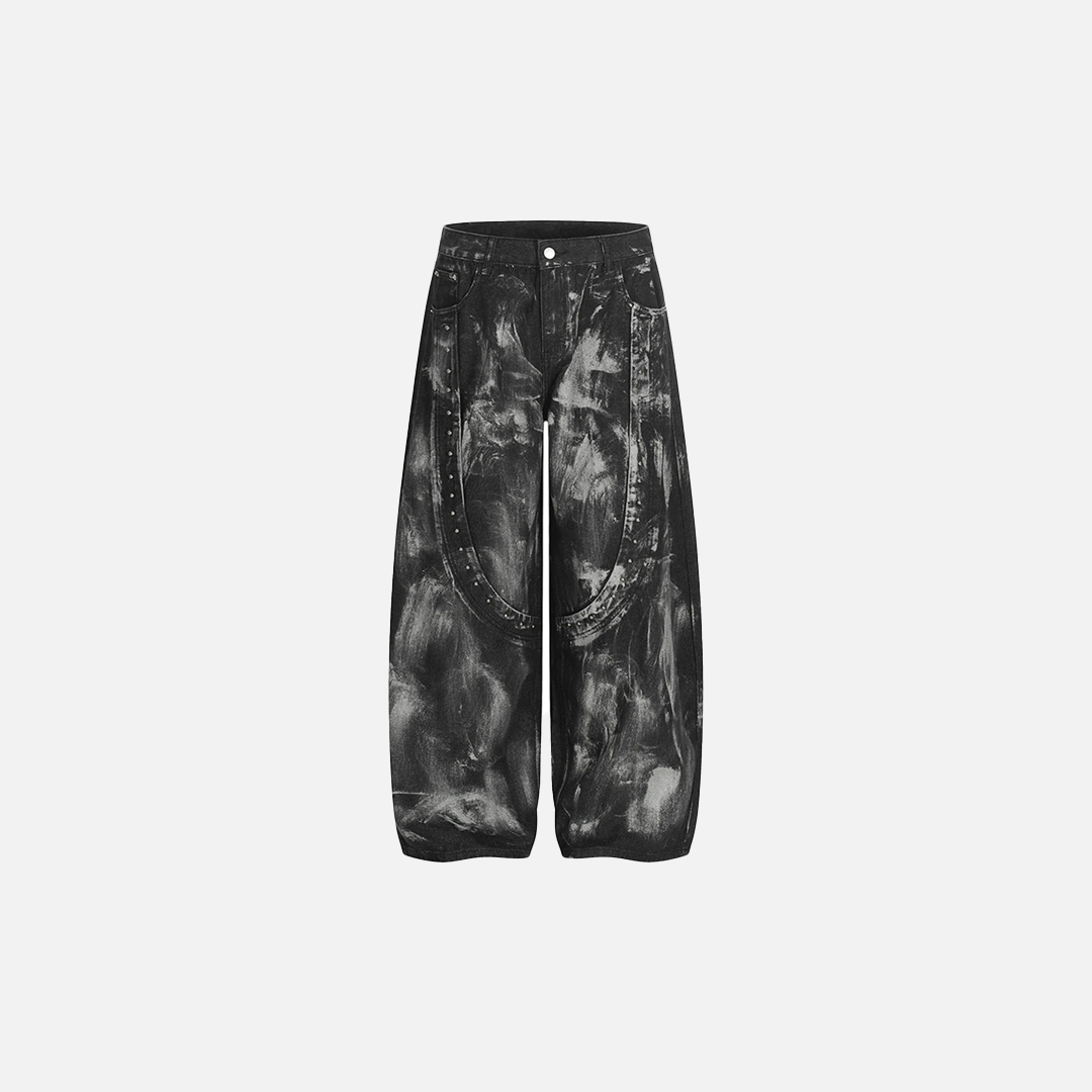 Streetwear Rivet Patchwork Black Wide Leg Jeans - Luxuryurbanwear