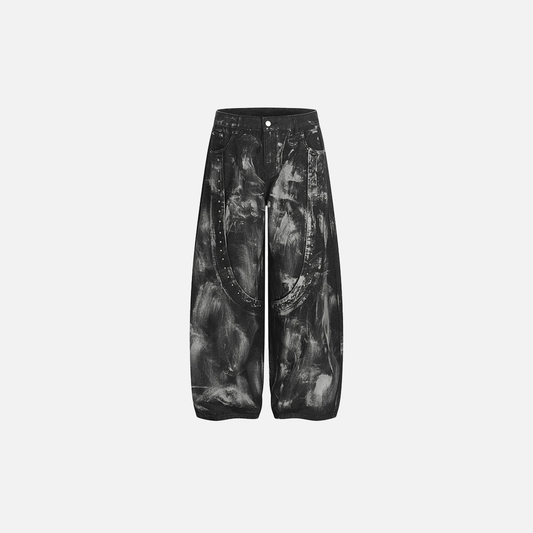 Streetwear Rivet Patchwork Black Wide Leg Jeans - Luxuryurbanwear