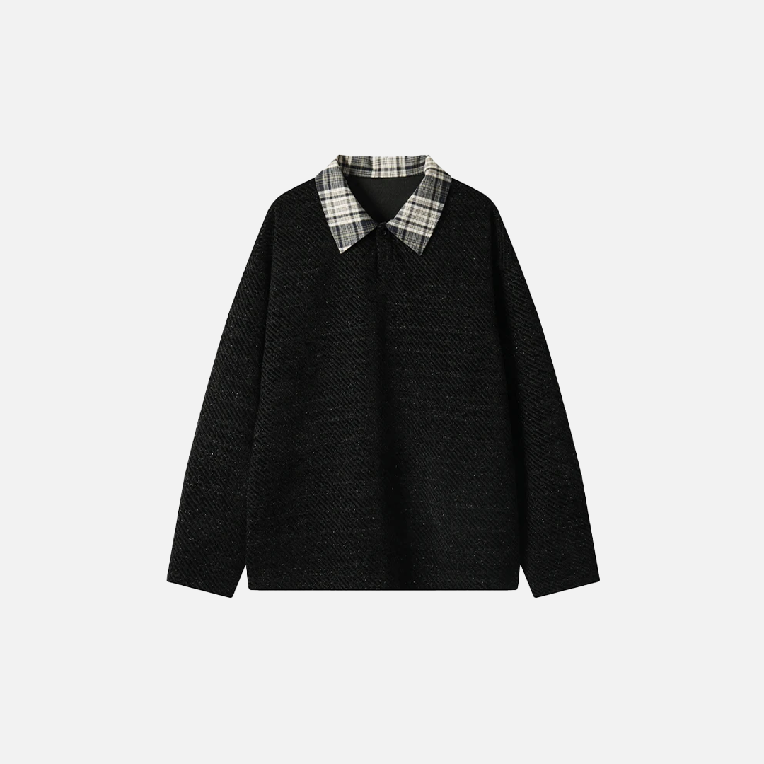 Retro Checkered Turn Down Collar Striped Sweatshirt - Luxuryurbanwear