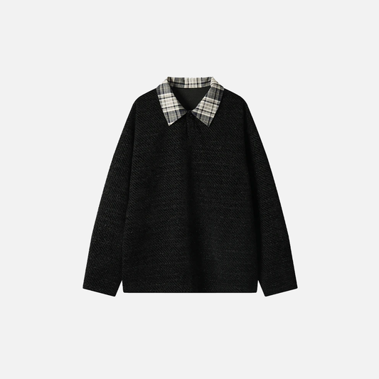 Retro Checkered Turn Down Collar Striped Sweatshirt - Luxuryurbanwear