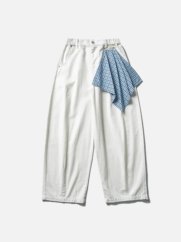 Plaid Decorative With Scarf Loose Wide Leg Jeans - Luxuryurbanwear