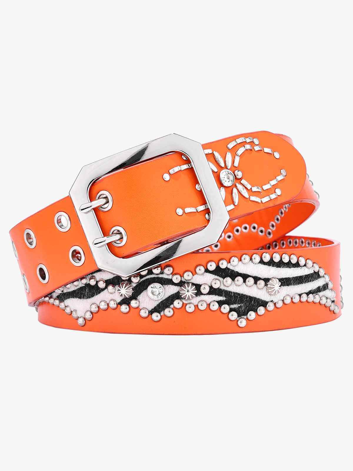 Retro Studded Zebra Pattern Wide Leather Belt