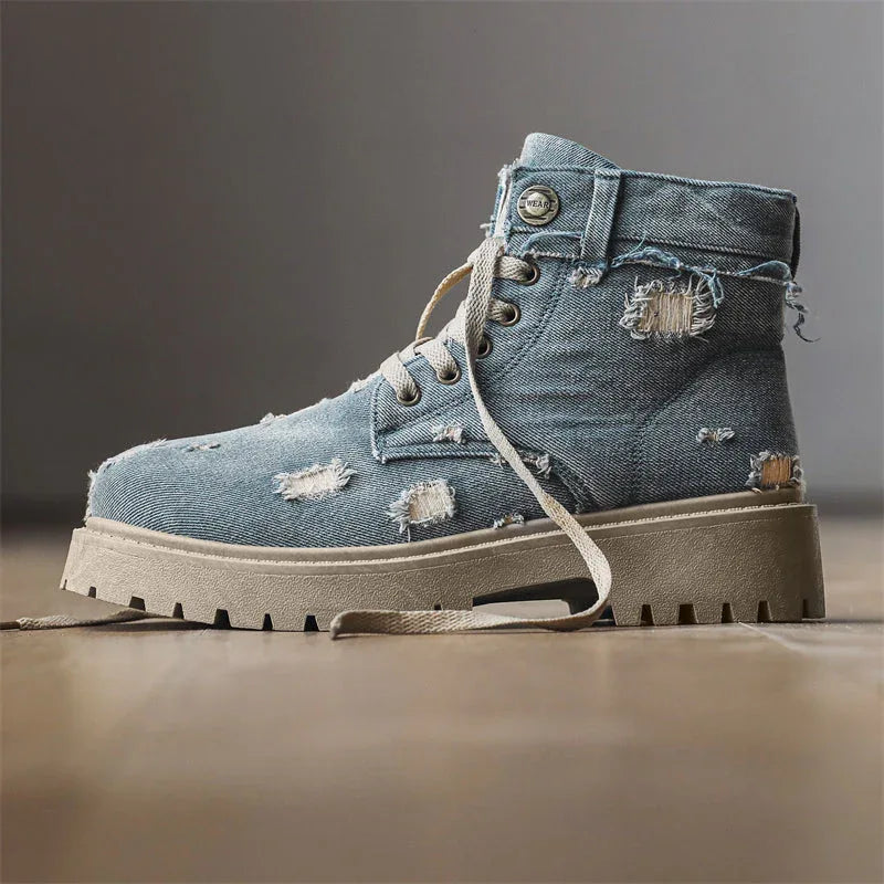 LUW Distressed Denim Combat Boots - Luxuryurbanwear