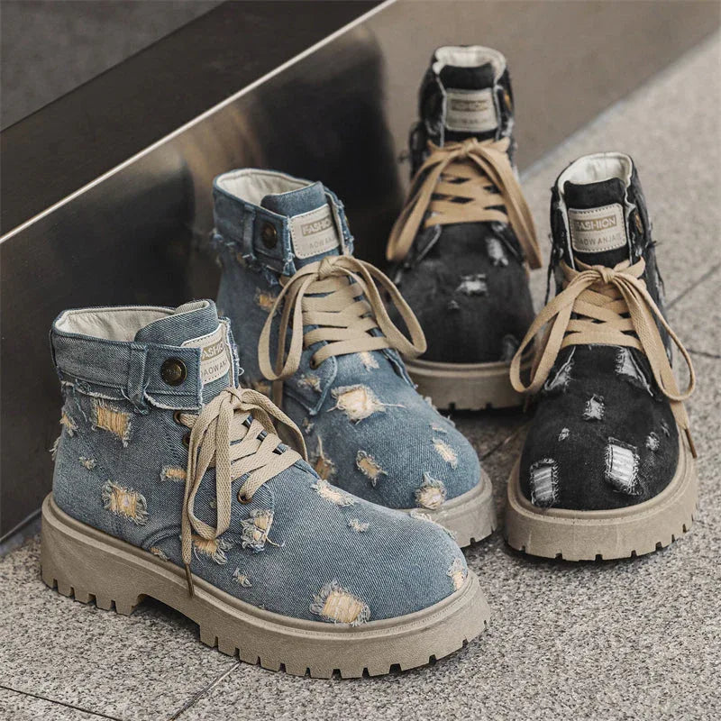 LUW Distressed Denim Combat Boots - Luxuryurbanwear