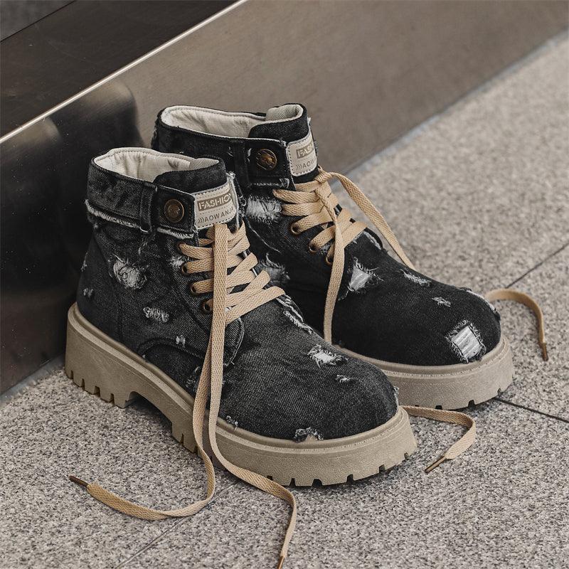 LUW Distressed Denim Combat Boots - Luxuryurbanwear