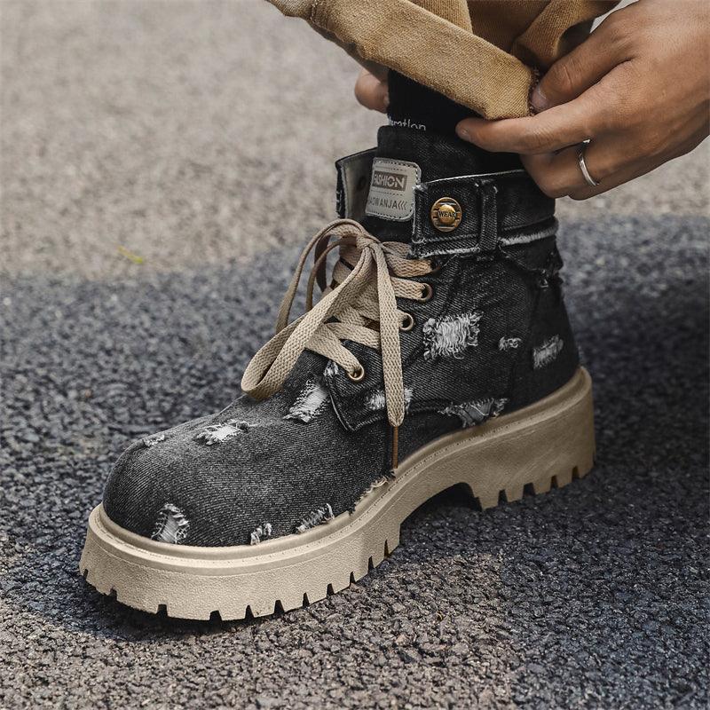 LUW Distressed Denim Combat Boots - Luxuryurbanwear