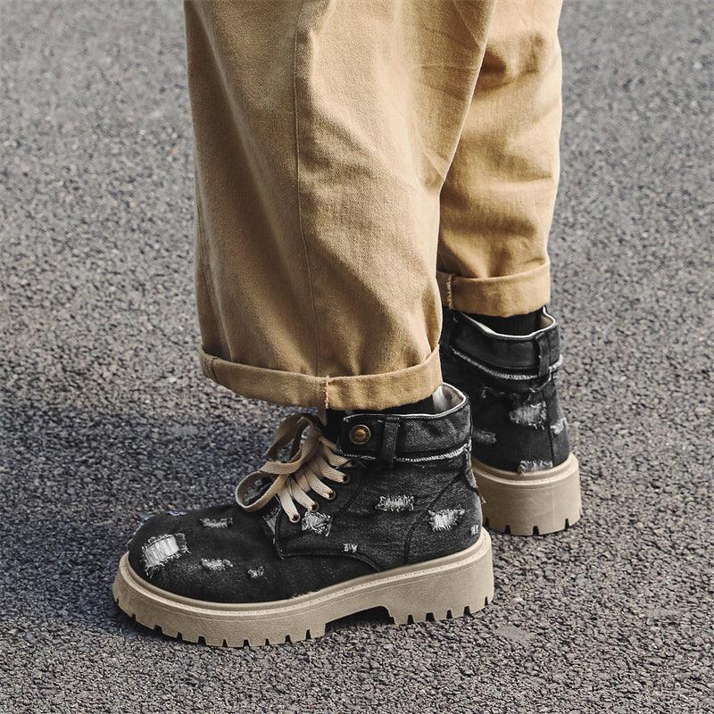 LUW Distressed Denim Combat Boots - Luxuryurbanwear