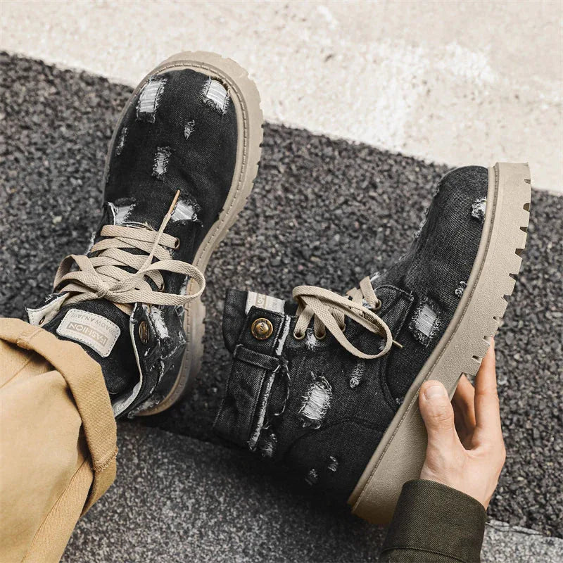 LUW Distressed Denim Combat Boots - Luxuryurbanwear