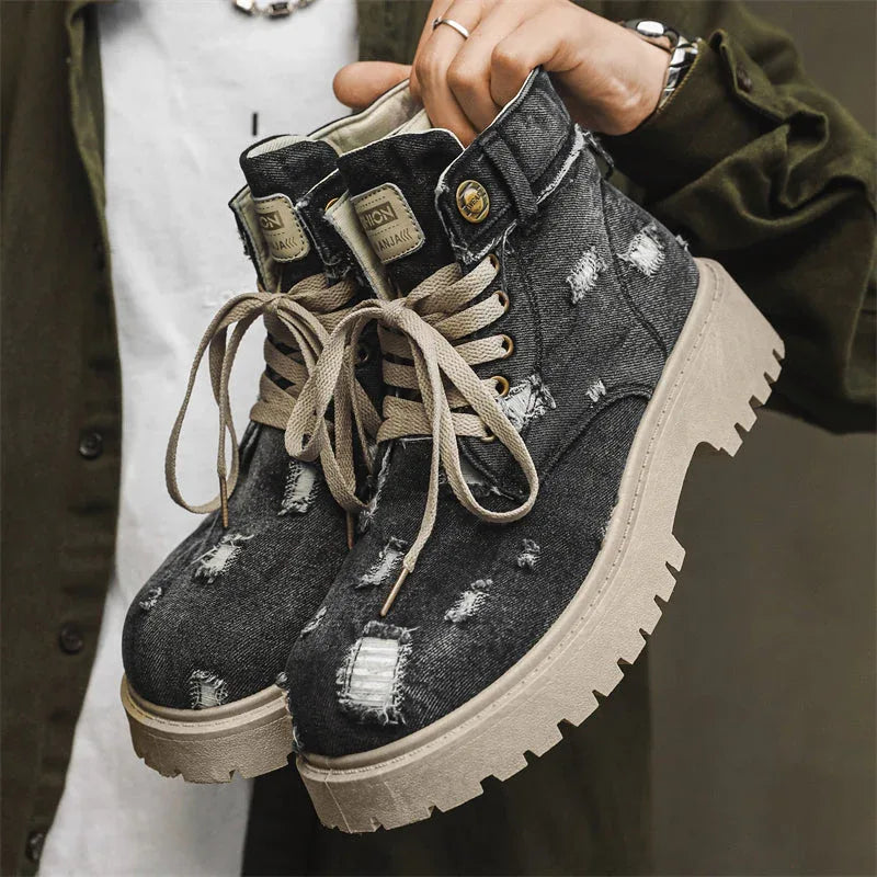 LUW Distressed Denim Combat Boots - Luxuryurbanwear