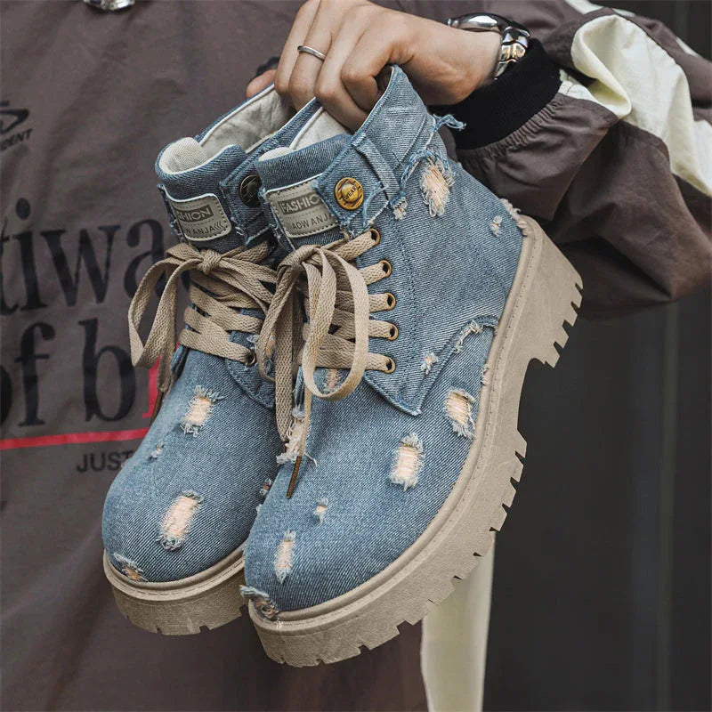 LUW Distressed Denim Combat Boots - Luxuryurbanwear