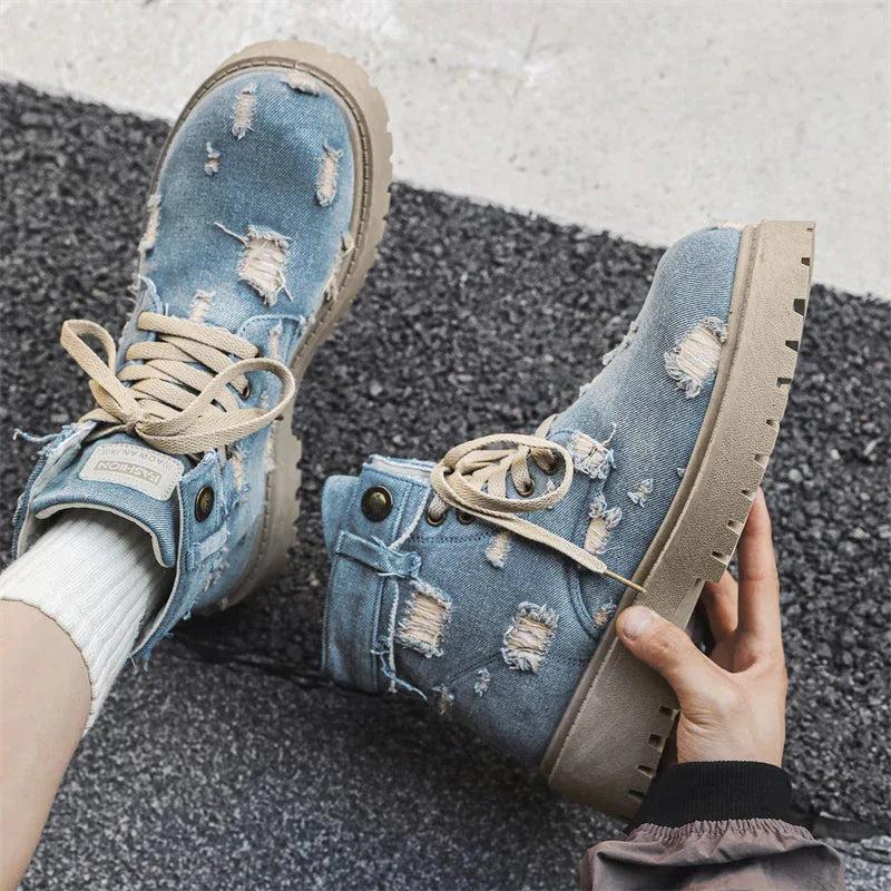 LUW Distressed Denim Combat Boots - Luxuryurbanwear