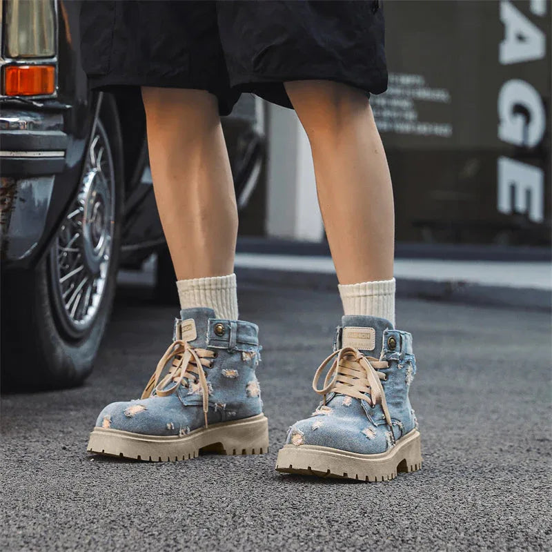 LUW Distressed Denim Combat Boots - Luxuryurbanwear