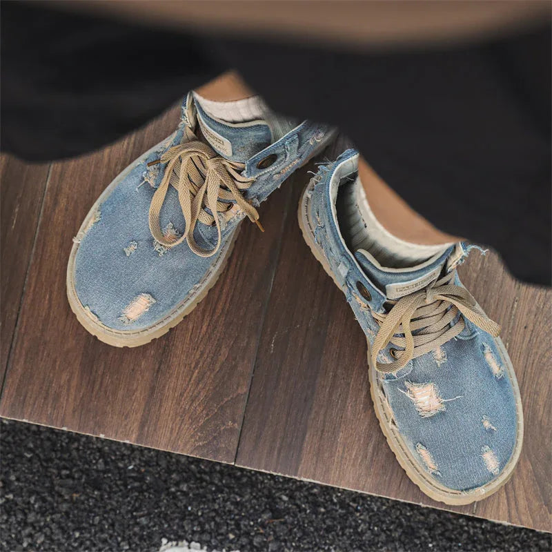 LUW Distressed Denim Combat Boots - Luxuryurbanwear