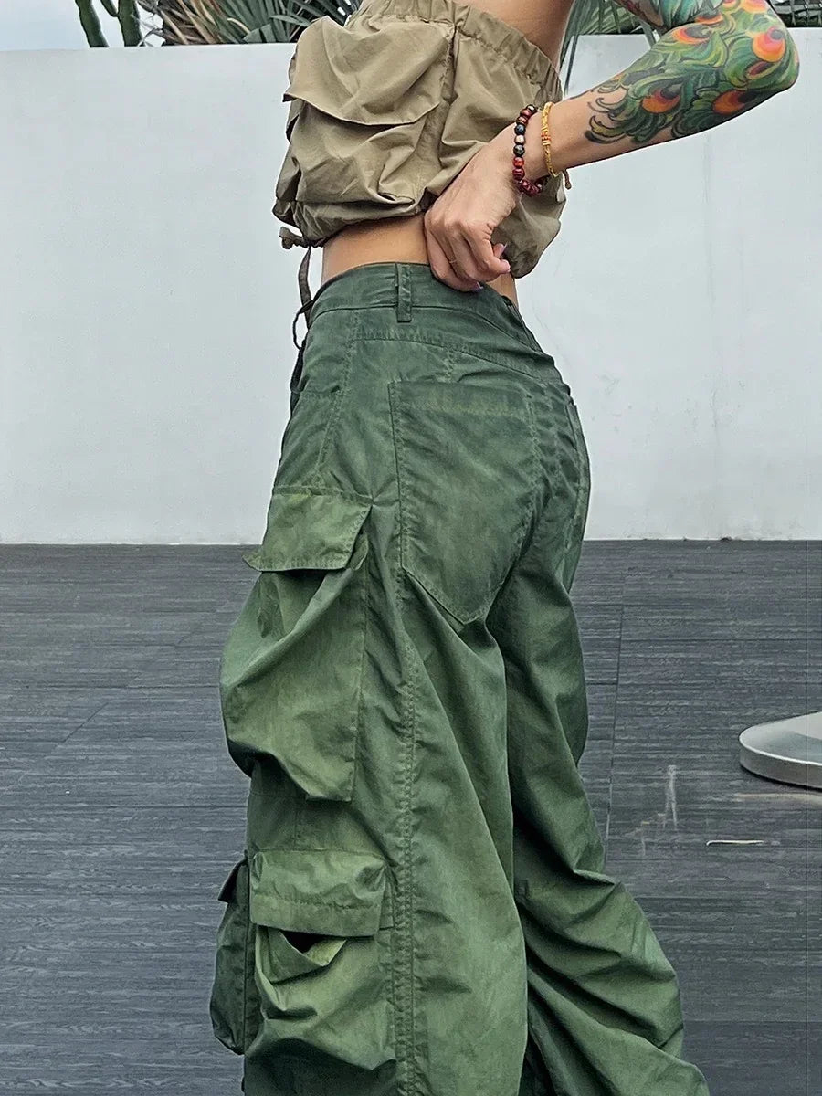 Solid Loose Pants For Women High Waist Patchwork Pockets Casual Streetwear Cargo Pant Female Fashion Clothing - Luxuryurbanwear