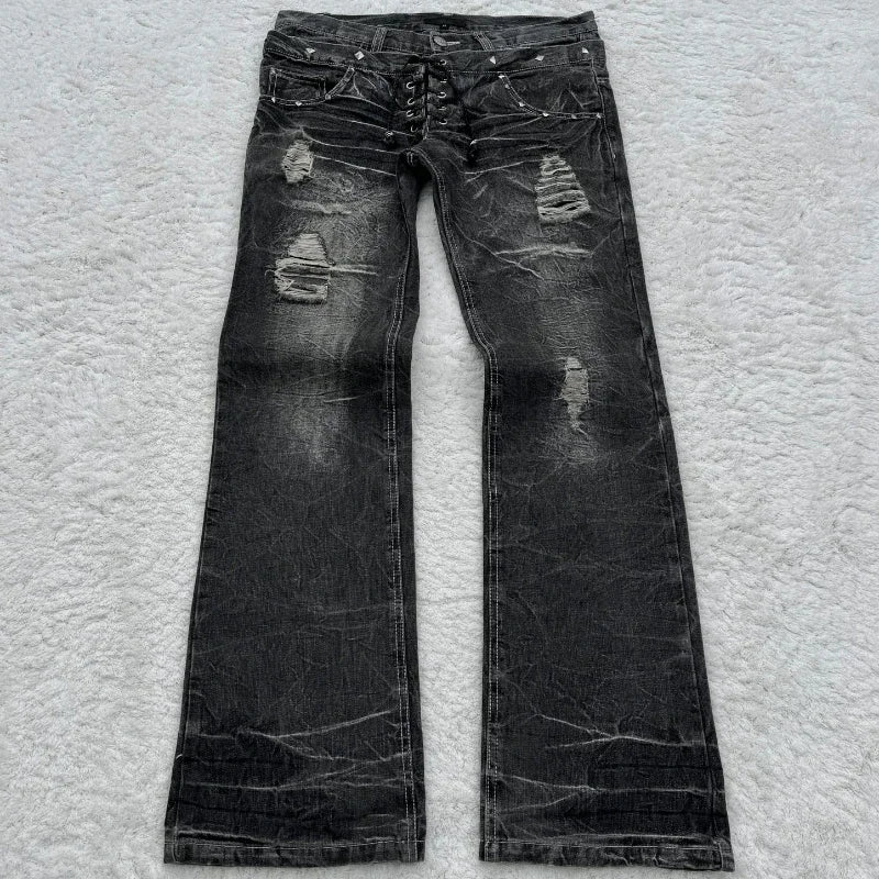 LUW Washed Retro Micro Flared Double Waisted Lace Up Unisex Jeans - Luxuryurbanwear