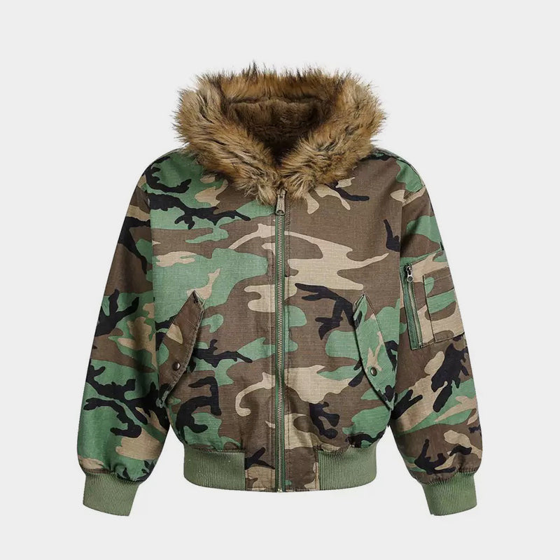 Camouflage Fur Collar | Reversible Cotton Jacket - Luxuryurbanwear