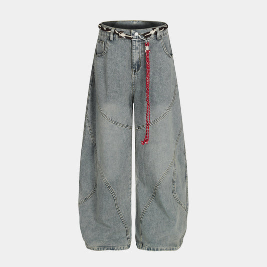 Denim Retro Belt Detail | Patchwork Barrel Jeans - Luxuryurbanwear