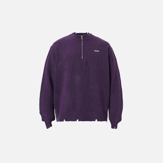 Retro Grunge Distressed Knit Half Zipper Sweater - Luxuryurbanwear