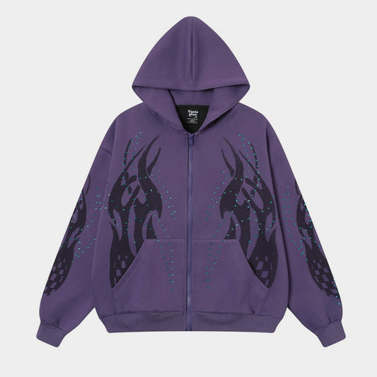 Flame Rhinestone | Y2K Zip-Up Hoodie - Luxuryurbanwear