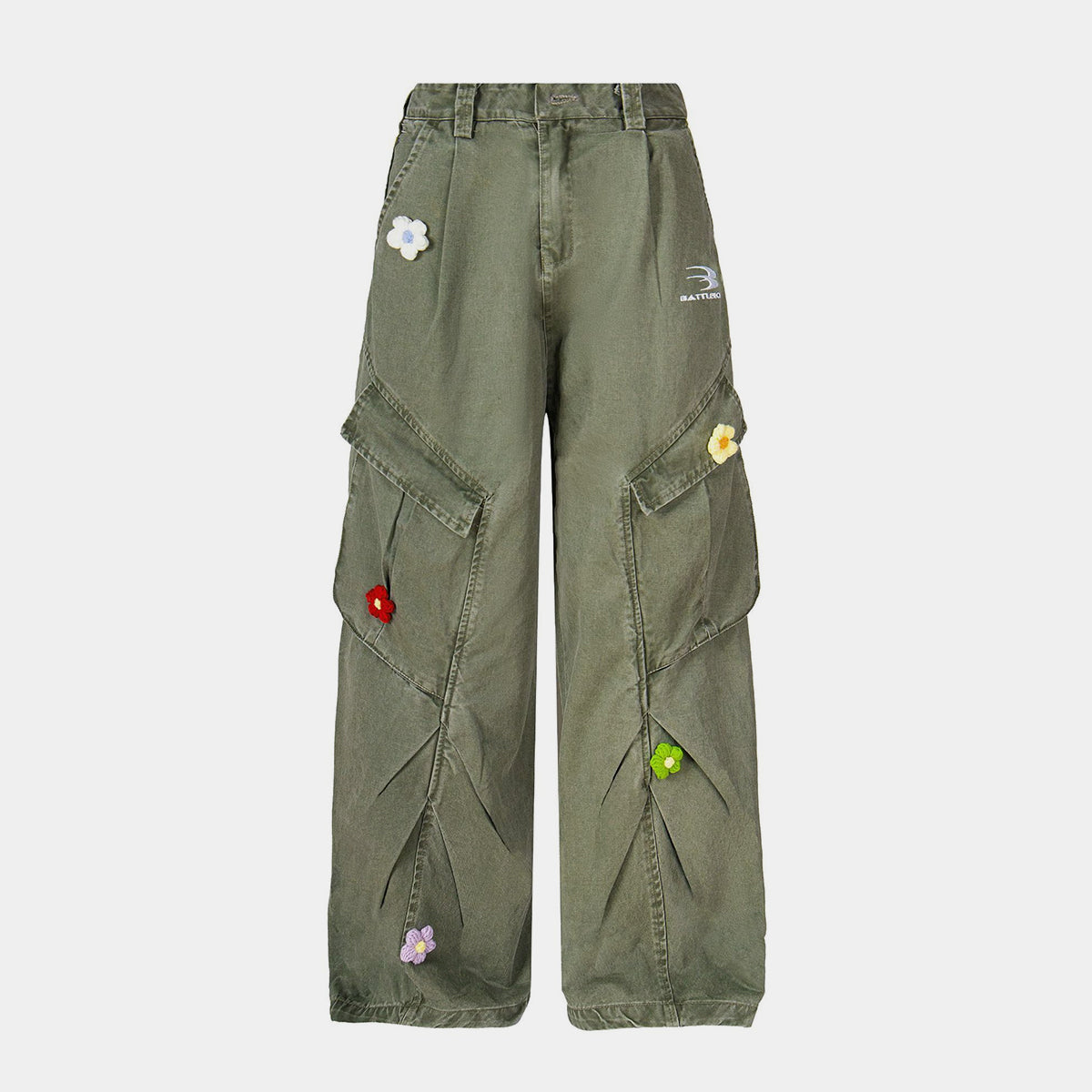 3D Floral Embroidered Washed Cargos - Heavyweight Tactical Flower Detail Pants | LuxuryUrbanwear - Luxuryurbanwear