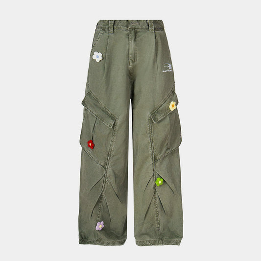 3D Floral Embroidered Washed Cargos - Heavyweight Tactical Flower Detail Pants | LuxuryUrbanwear - Luxuryurbanwear