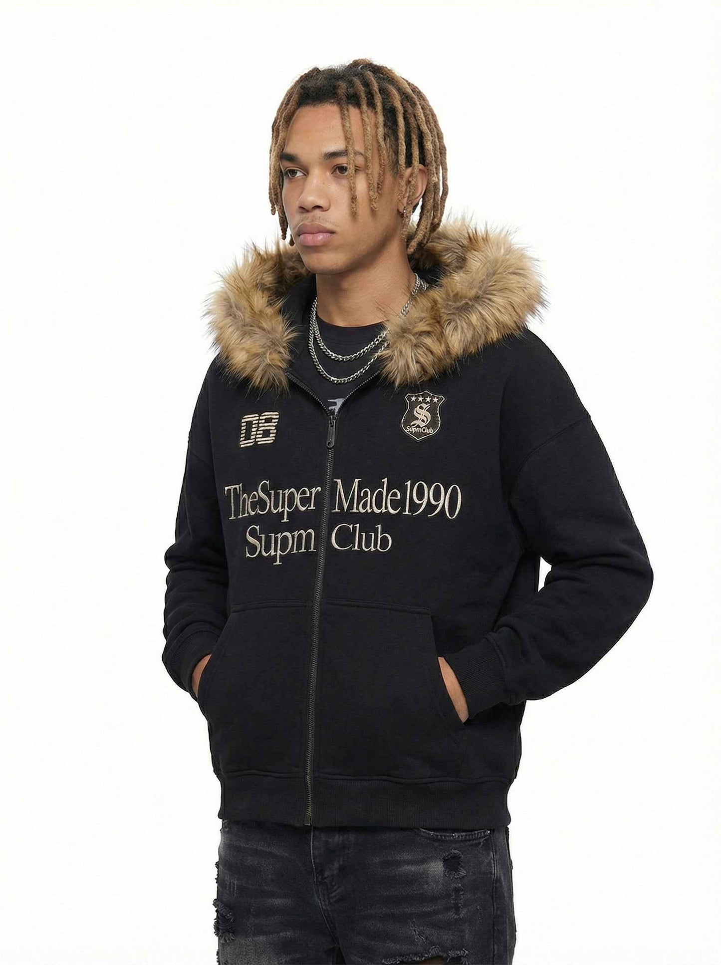 Letter Medal Embroidered Cardigan Fur Collar Zip Up Hoodie- 2502