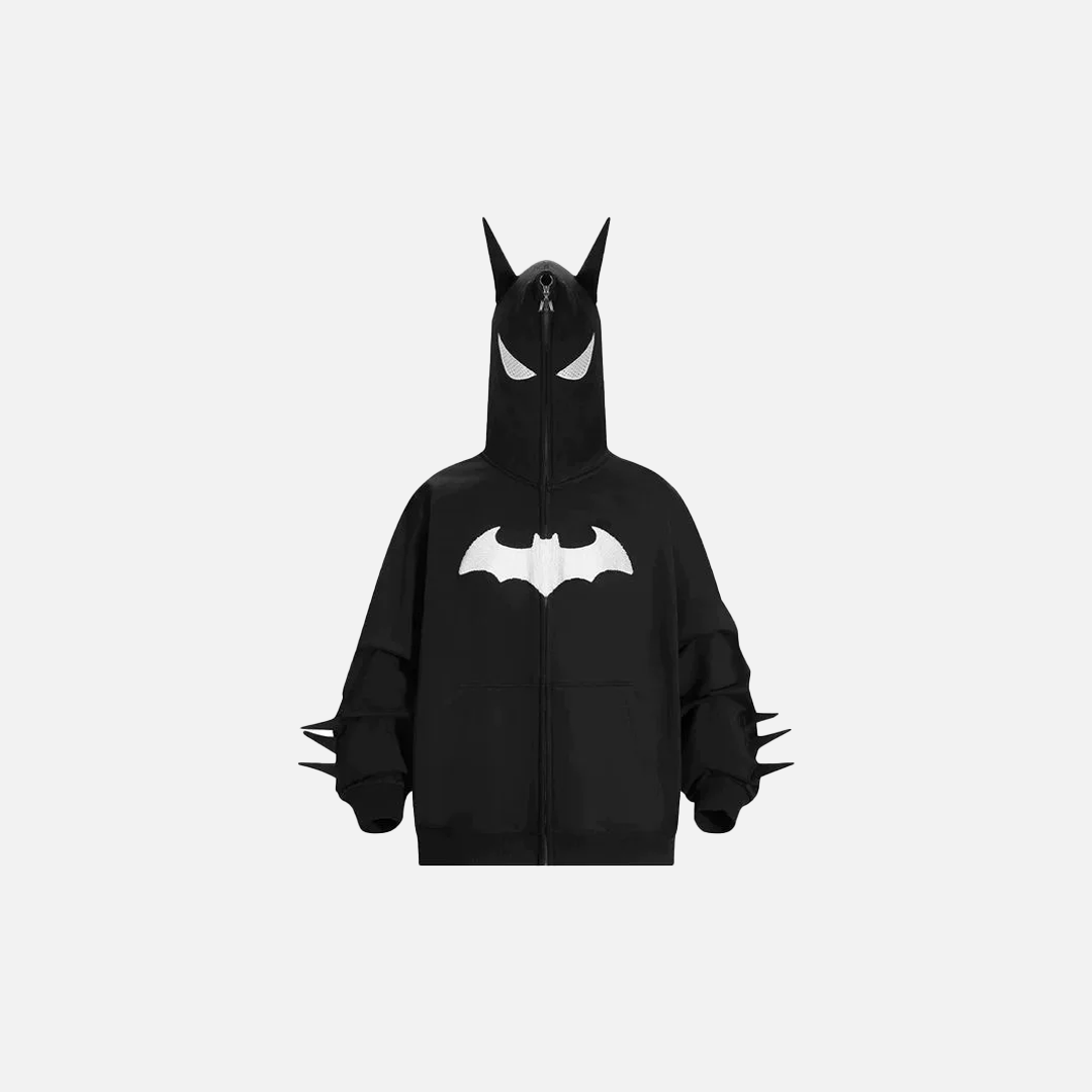Y2K Oversized Embroidered Zip-Up Bat Man Hoodie - Luxuryurbanwear