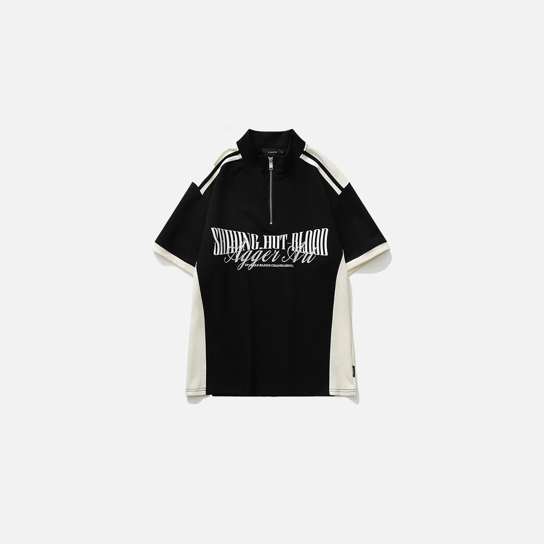 Spliced Letter Printed Stand Collar T-Shirt - Luxuryurbanwear