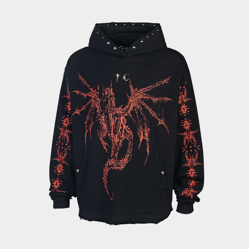 Dragon Bone Print Pullover | Retro Rivet Streetwear Hoodie - Luxuryurbanwear