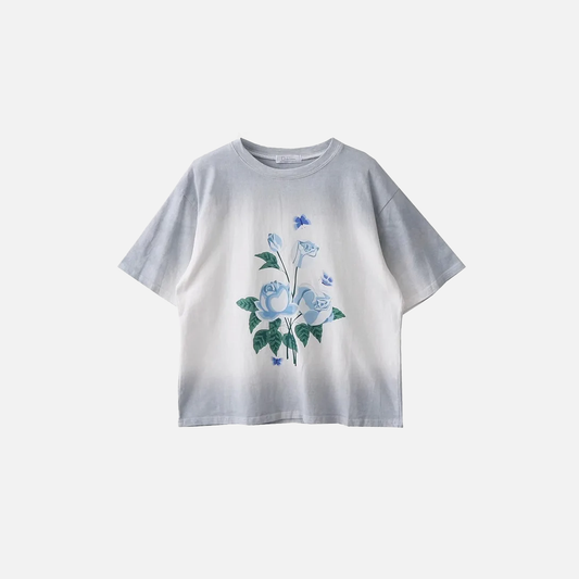 Loose Casual Chic Blue Rose T-Shirt - Luxuryurbanwear