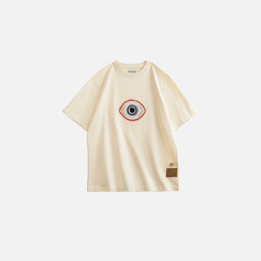 Beige Embroidered Vintage Loose O T-Shirt - Luxuryurbanwear