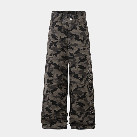 Y2K Vintage Wide Leg Pants | Camouflage Straight Denim Jeans - Luxuryurbanwear
