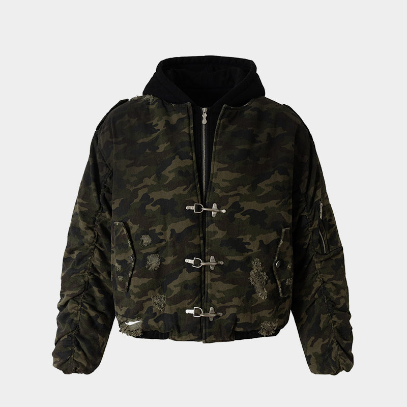 Camo Distressed | Metal Button Coat - Luxuryurbanwear