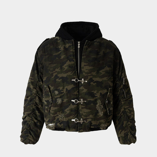 Camo Distressed | Metal Button Coat - Luxuryurbanwear