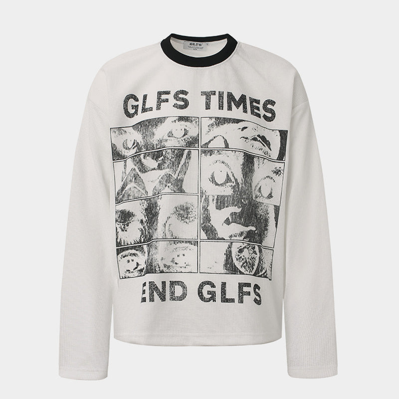 Letter Print Sweatshirt | Waffle Knit Long Sleeve Top - Luxuryurbanwear